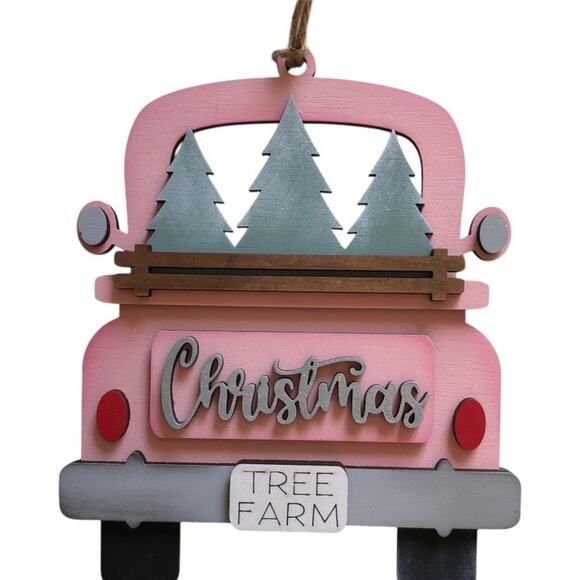 Whimsical Pink “Christmas Tree Farm” Truck Ornament - Pink Hand Painted Wood - Picture 4 of 4